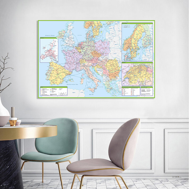 Póster de lienzo no tejido, mapa de ruta política y de tráfico de Europa, pintura para aula, decoración del hogar, suministros escolares, 150x100cm