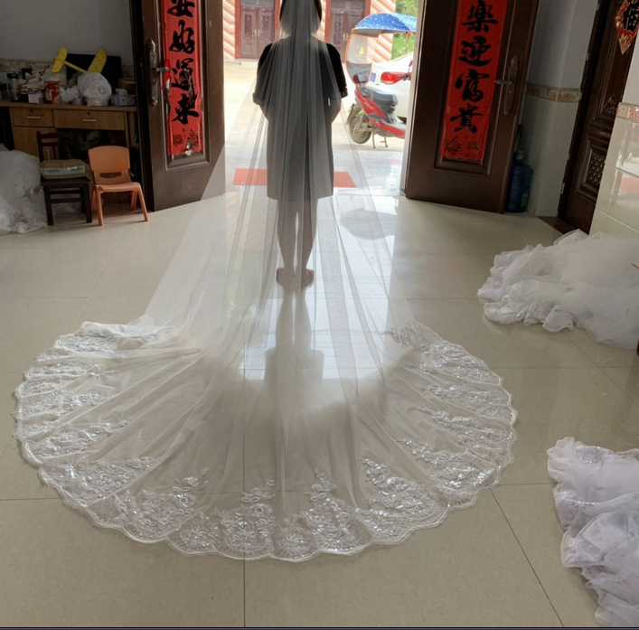 Véu de casamento branco marfim catedral véus de casamento longo borda do laço véu de noiva com pente acessórios de casamento noiva veu