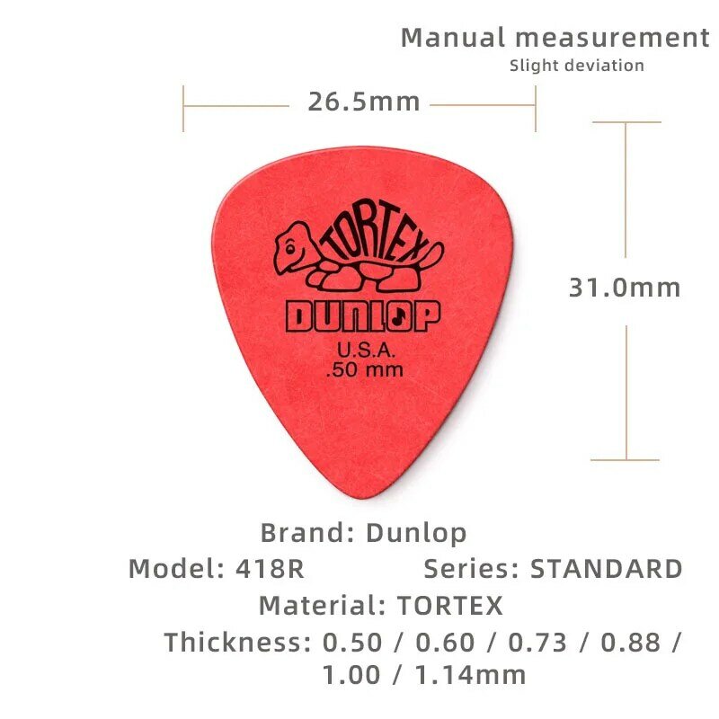 Dunlop Pick. Púas de guitarra acústica/eléctrica antideslizantes, material TORTEX estándar 418R Espesor: 0,50/0,60/0,73/0,88/1,00/1,14mm.