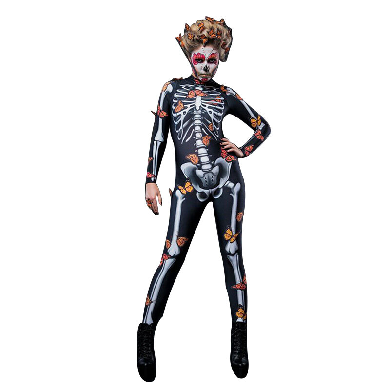 3D Skeleton Adult Kids Scary Costume Halloween Dress Cosplay Sexy Jumpsuit Carnival Party Baby Girl Rompers Day of The Dead