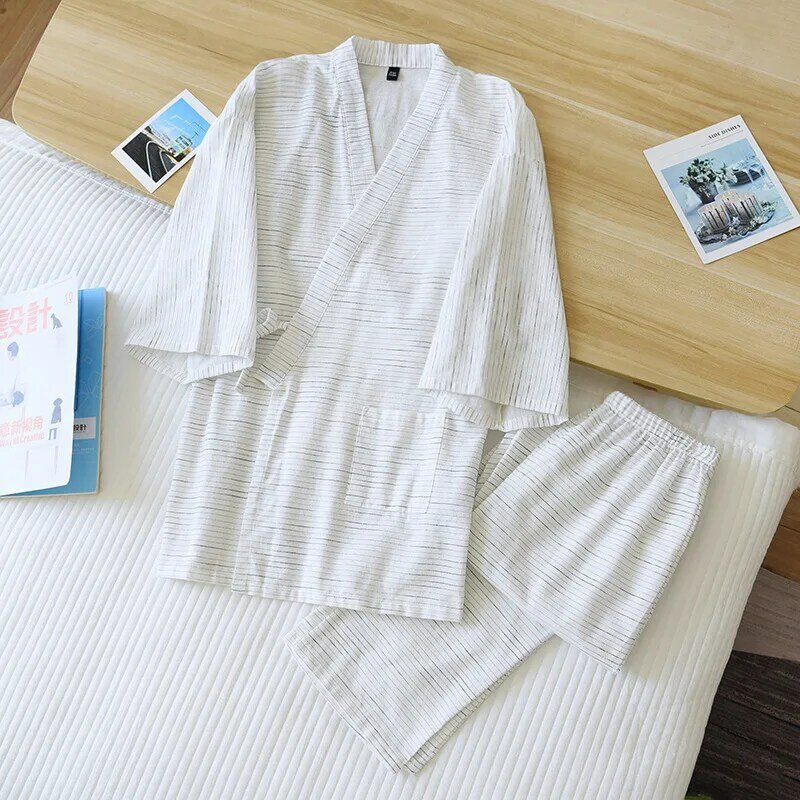 Пижама-кимоно мужская из двух предметов, хлопковый Халат, длинный комплект из двух предметов, комплект одежды для дома, весна-лето