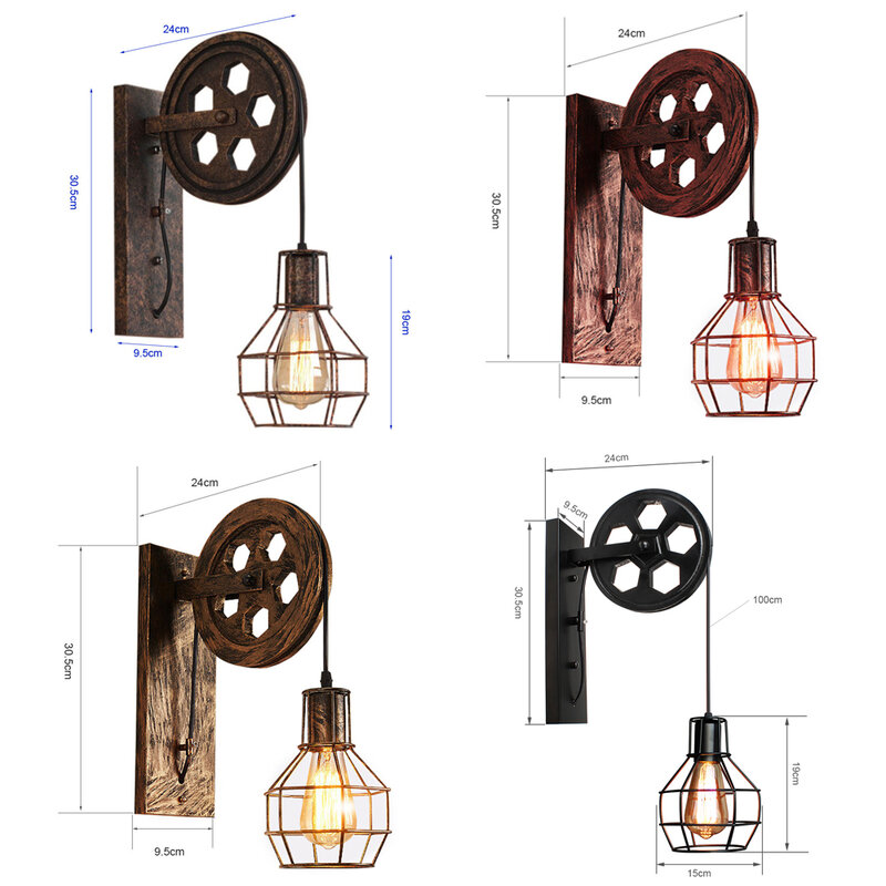 Lámpara de pared Industrial con polea de elevación para techo, candelabro ajustable de hierro para Loft, cafetería y Bar, Retro, Vintage