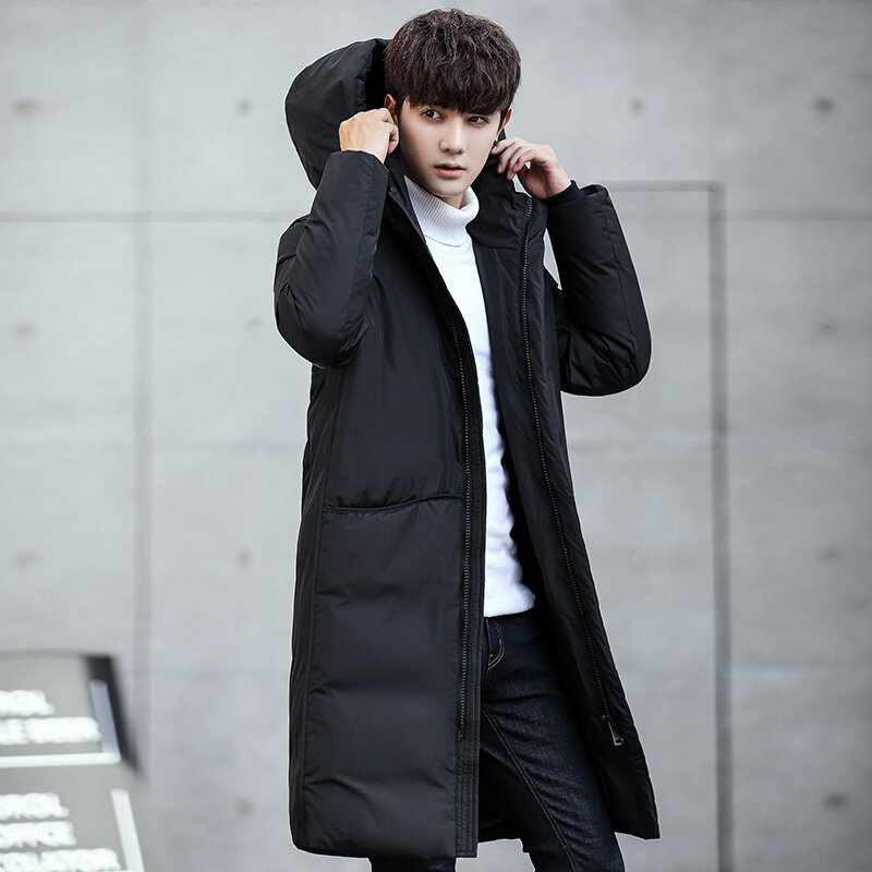 Мужская зимняя куртка на белом утином пуху 2021, Мужская модная ветровка с капюшоном, мужское длинное утепленное пальто, черная парка, пальто