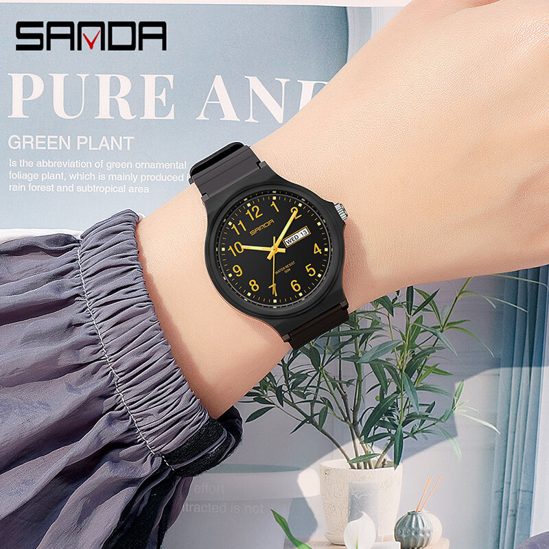 Часы наручные Sanda женские кварцевые, модные брендовые простые водонепроницаемые в минималистском стиле, чёрные белые