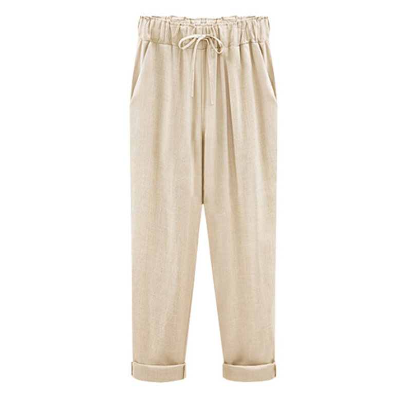 Women's Cotton Linen Ankle Length Pants, Casual Loose Trousers, Elastic Waist, Summer, Plus Size, 6XL, 7XL, 8XL