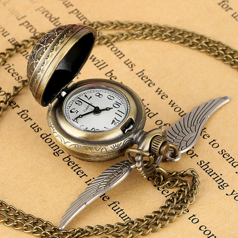 Brązowy zegarek kieszonkowy kwarcowy pierzaste skrzydło wisiorek zegarki luksusowe Vintage Fob zegar łańcuszek na szyję na prezent dla kobiet mężczyzn Dropshipping
