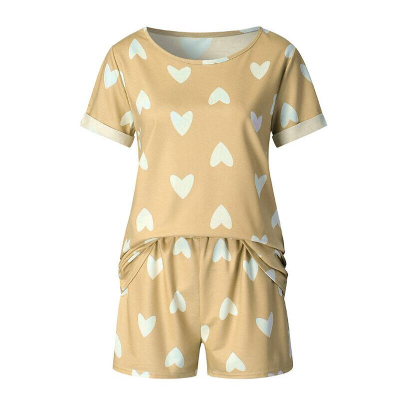 Women Pajamas Set Cute Loving Heart Printed Short Sleeve T-Shirts Tops And Shorts Set Homewear Sleepwear Outfits Loungewear Set