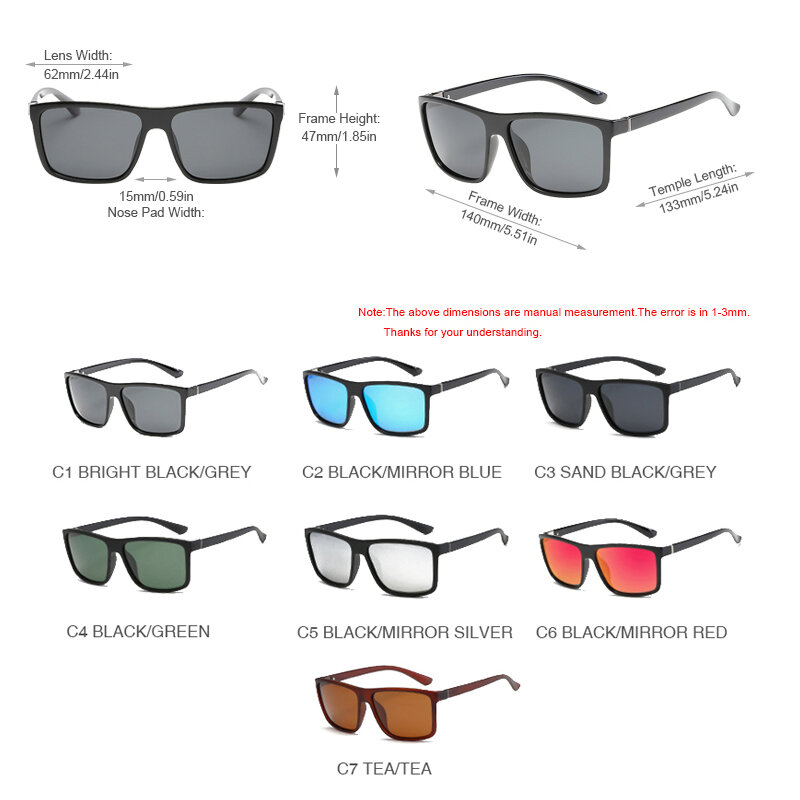 Lunettes de soleil polarisées carrées noires classiques pour hommes, lunettes de soleil unisexes, anti-absorbe ouissement vintage, nuances de conduite, miroir bleu, mode, UV400