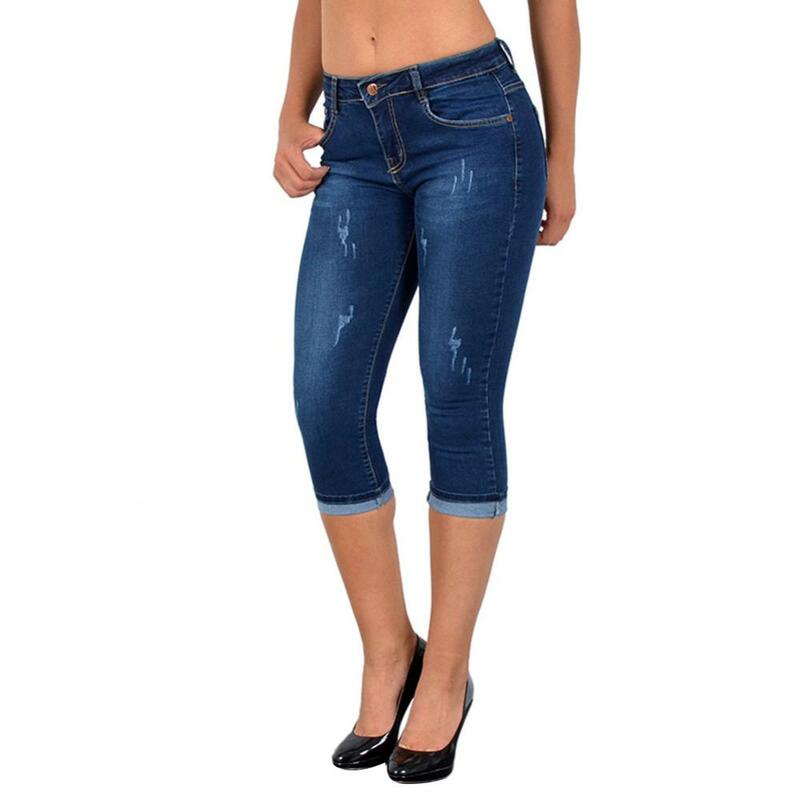 Jeans skinny de cintura alta feminina, calça jeans justa, altura do joelho, monocromática, moda verão