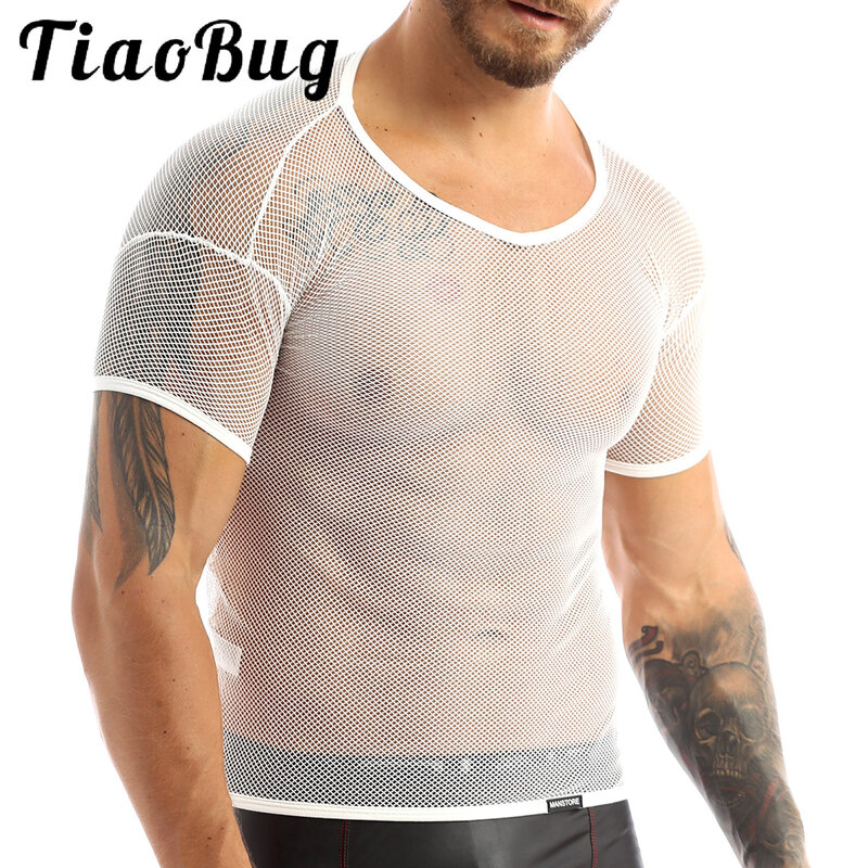 Mens Sexy See-throught Fishnet T-shirt Pullovers Long Sleeve Muscle Undershirts Nightclub Party Shirt Top Breathable Sportswear