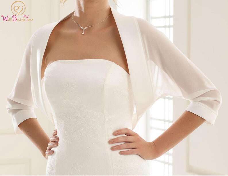 Bolero da sposa in raso di Chiffon 3/4 manica accessori per occasioni nuziali avorio bianco nero sposa coprire abiti da donna