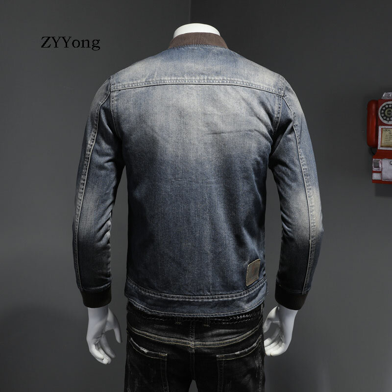 ZYYong autumn and winter men's bomber jacket casual Slim plus velvet padded baseball collar zipper jacket men's denim jacket
