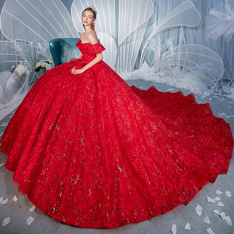Dubaj arabski suknia dla panny młodej sukienka ciążowa ślub Plus rozmiar Sweetheart pociąg czerwona suknia ślubna Bling luksusowe frezowanie cekiny suknie
