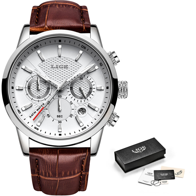 2021 nowe męskie zegarki LIGE Top marka skórzany Chronograph wodoodporny sportowy automatyczny zegarek Quartz z datą dla mężczyzn Relogio Masculino
