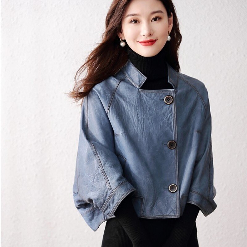 Jaket Kulit Asli Retro Pengendara Sepeda Motor Wanita Korea Mantel Parit Longgar Kulit Domba Pendek Pakaian Luar Lengan Batwing Mewah Wanita