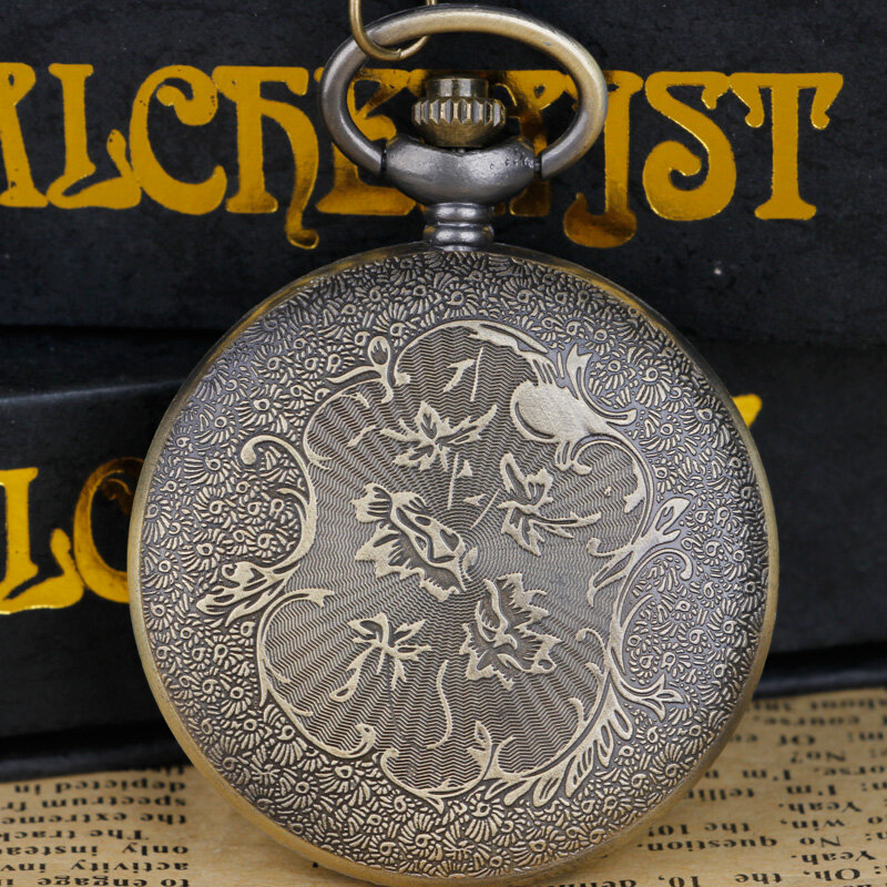 Reloj de bolsillo de cuarzo con patrón de cabeza de lobo para hombres y mujeres, collar de cadena Fob, esfera blanca, Animal de bronce antiguo
