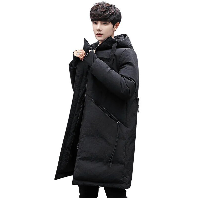 Зимняя мужская пуховая куртка в новом стиле, повседневная одежда средней длины в Корейском стиле на белом утином пуху, Толстая теплая одежда с капюшоном и хлопковой подкладкой