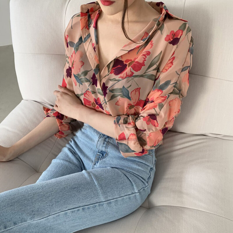 Camisa de manga comprida para mulheres, blusa com gola, estampa floral, chiffon, blusa de escritório, roupas femininas, 2020