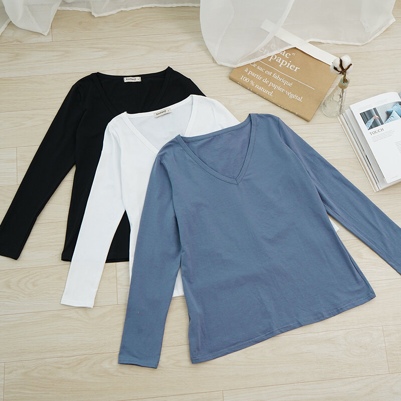 Camiseta 94% de algodón para mujer, camisetas informales de manga larga con cuello en V, ropa de calle básica Harajuku