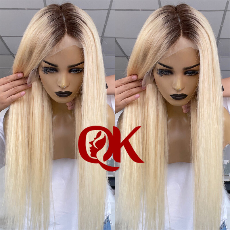 Queenking cabelo 13*6 peruca 180% densidade ombre loira 4/613 peruca dianteira do laço de seda reta preplucked cabelo humano brasileiro