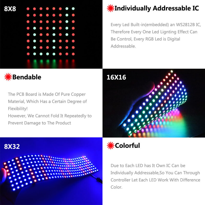 WS2812B RGB LED Digital Fleksibel Beralamat Individu Panel Cahaya WS2812 8X8 16X16 8X32 Modul Matriks Layar DC5V