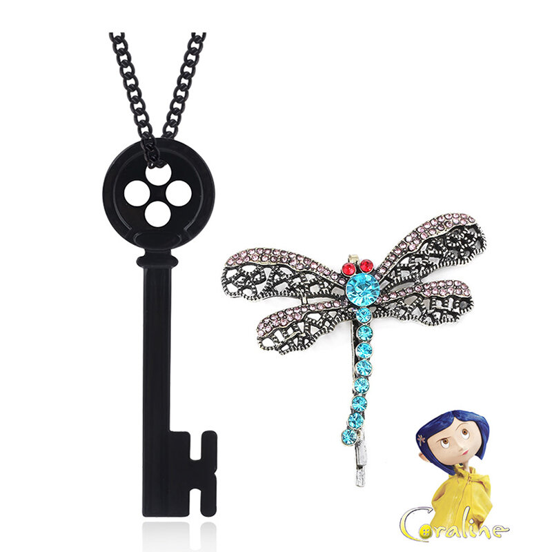 Filme de terror coraline colar dos desenhos animados botão preto chave colar crânio colar libélula hairpin para mulher jóias presente
