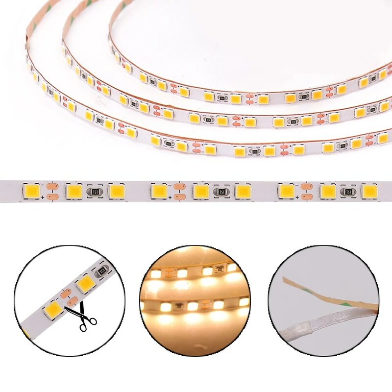 Bande lumineuse LED SMD 2835, 12v, 4mm, ruban avec connecteur cc, 5m, 120LED/m, DC12V, blanc, chaud, naturel, Flexible