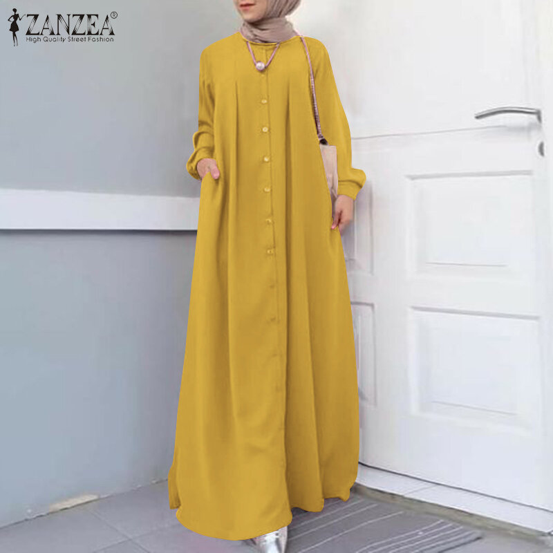 Zanzea-vestido longo maxi feminino, manga longa, botões, hijab muçulmano, roupa islâmica casual, roupa caftan, vestido de verão vintage, outono