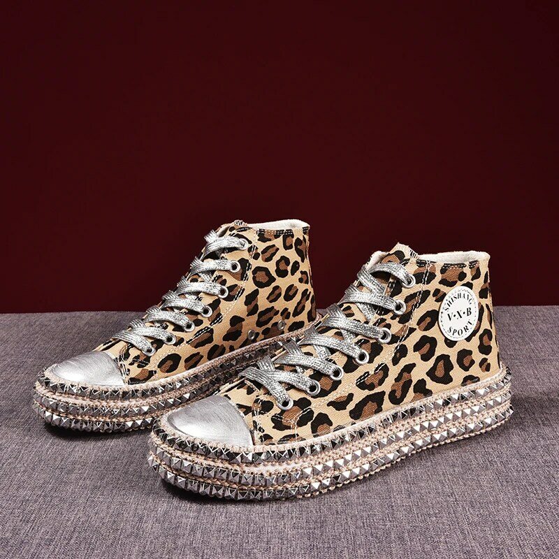 Women sneakers Sexy Leopard Print fashion Rivets Women Canvas  shoes leisure Lace-Up Low High Top Sneakers basket femme A5-54