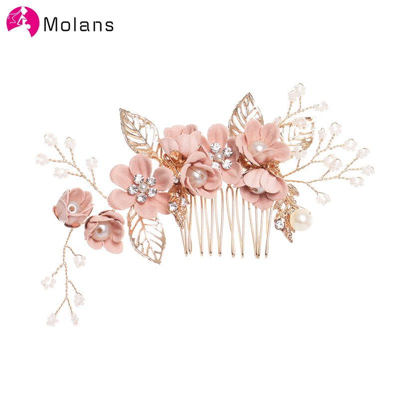 MOLANS Hairpins ผมหวีอุปกรณ์เสริมผมสำหรับเจ้าสาว Headpiece ดอกไม้เจ้าสาวเจ้าสาวเครื่องประดับเครื่องประดับ Gold ใบ Headwear