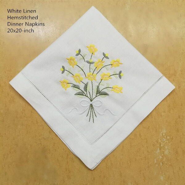 Conjunto de guardanapos de jantar 12 polegadas, conjunto de 12 guardanapos de mesa de linho costurados, branco com cor bordada, floral, 20x20 polegadas