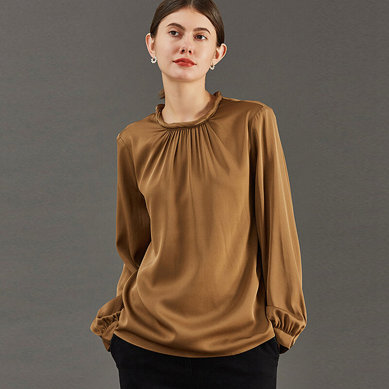 실크 블라우스 여성 캐주얼 스타일 90% 실크 2 색 빈티지 디자인 오 넥 긴 소매 풀오버 플러스 사이즈 셔츠 탑 새로운 패션
