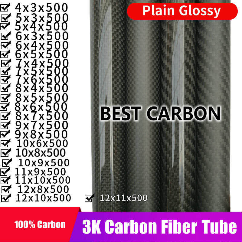 Free shiping 4 5 6 7 8 9 10 11 12mm with 500mm length High Quality Plain glossy 3K Carbon Fiber Fabric Wound Tube,  CFK TUBE