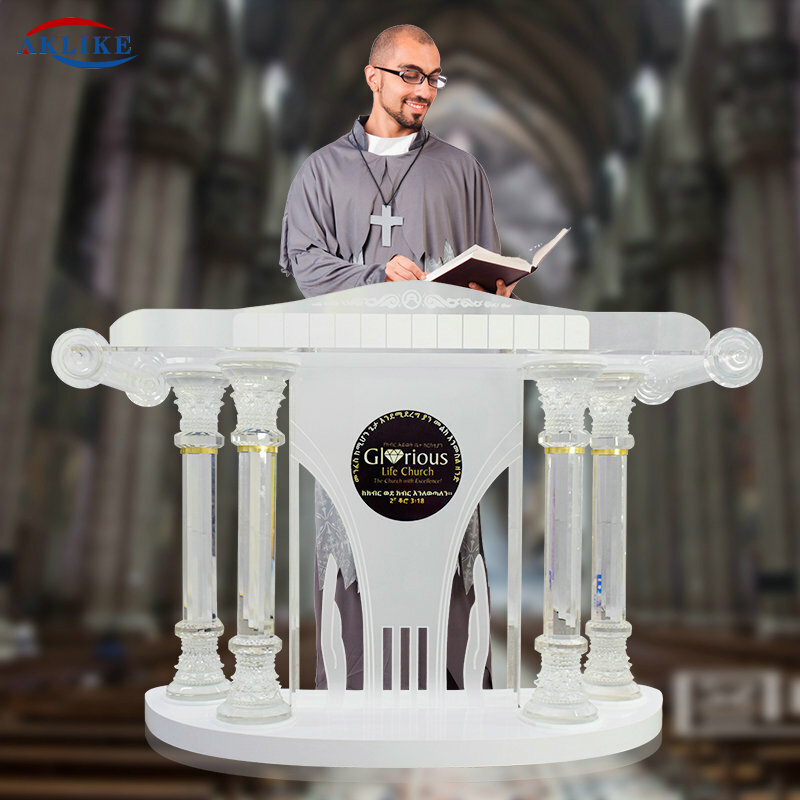 2024 colonna di cristallo pulpito Logo personalizzato AKLIKE chiesa podio piattaforma scolastica discorso pulpito vetro Foyer mobili