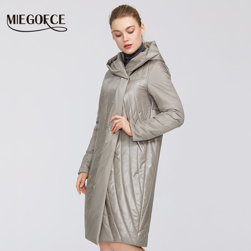 Miegofce jaqueta feminina coleção primavera 2020, à prova de vento, casaco de algodão com capuz de comprimento médio