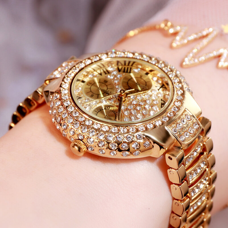 Reloj de pulsera de acero inoxidable para mujer, cronógrafo de cuarzo resistente al agua con diamantes, de lujo, a la moda