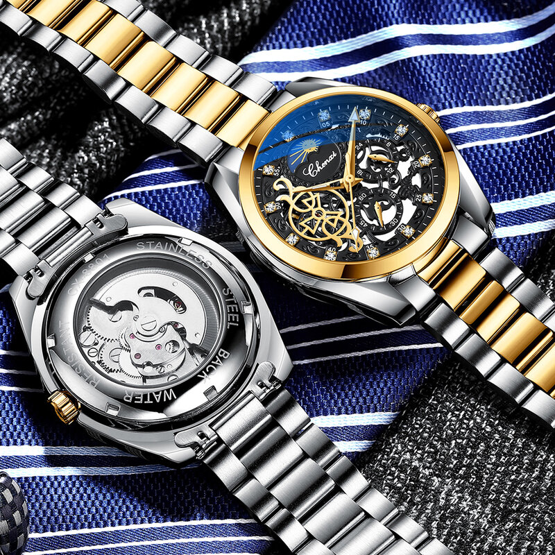 Marka CHENXI klasyczne zegarki męskie Top luksusowy faza księżyca automatyczny zegarek mechaniczny dla mężczyzn zegarek wodoodporny ze stali nierdzewnej