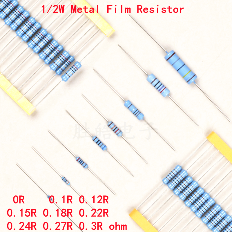Resistencia de película metálica, 50 piezas, 1/2W, 1% 0R, 0.1R, 0.12R, 0.15R, 0.18R, 0.22R, 0.24R, 0.27R, 0.3R, 0, 0,1, 0,12, 0,15, 0,18, 0,22, 0,24, 0,27, 0,3 Ohm