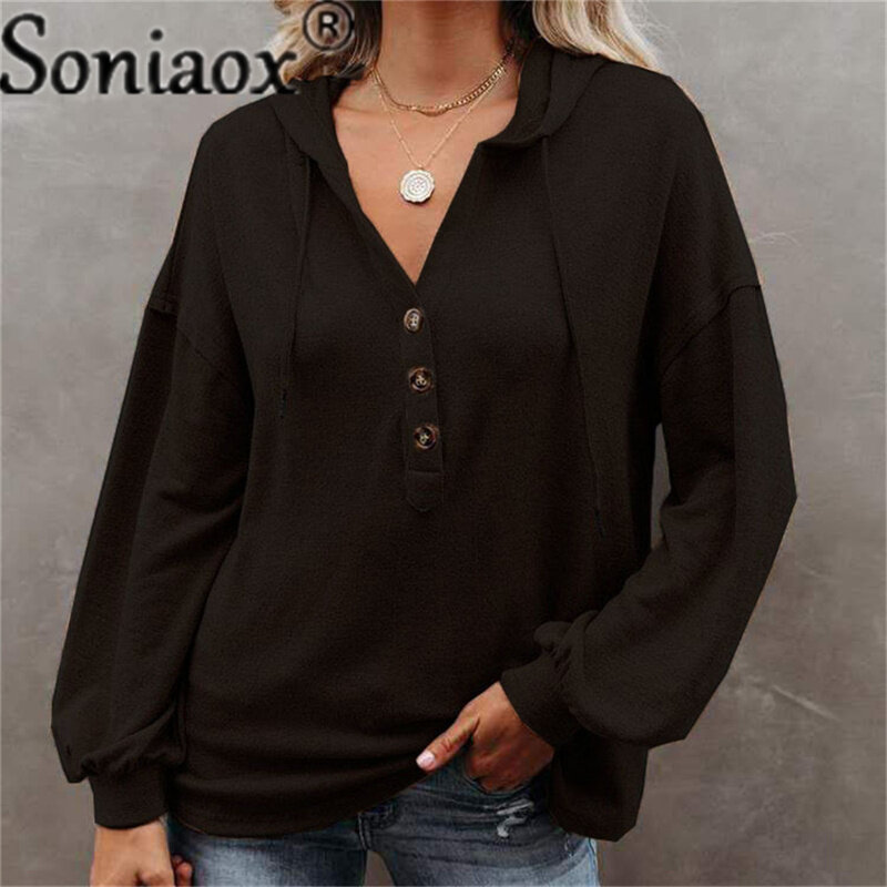 Women's Solid Color Loose Hooded Sweatshirt 2021 Autumn Pullover Coats Long Sleeve Button Casual Large Size Sweatshirt Clothing