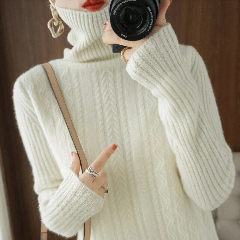 가을, 겨울 여성 스웨터 새로운 Iong-Sleeved 풀오버 높은 칼라 순수 양모 느슨한 야생 트위스트 패션 탑 Bottoming 셔츠