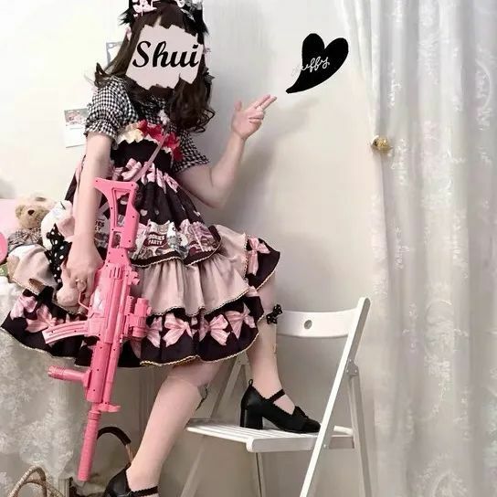 Lolita JSK Lace Strap Dress para mulheres, plissado, Cookie Print, Doce, Soft Girls Dresses, Japonês