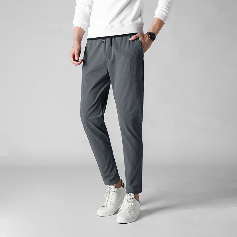 Calça masculina de quatro estações, calça com elasticidade para homens, slim reta, calça de secagem rápida, moda calça de comprimento de tornozelo