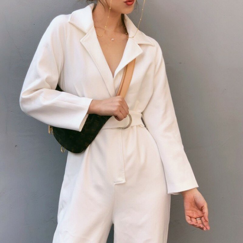 Macacão feminino de lã, macacão elegante com faixas de cintura alta e comprimento completo, roupa de uma peça solta branca feminina