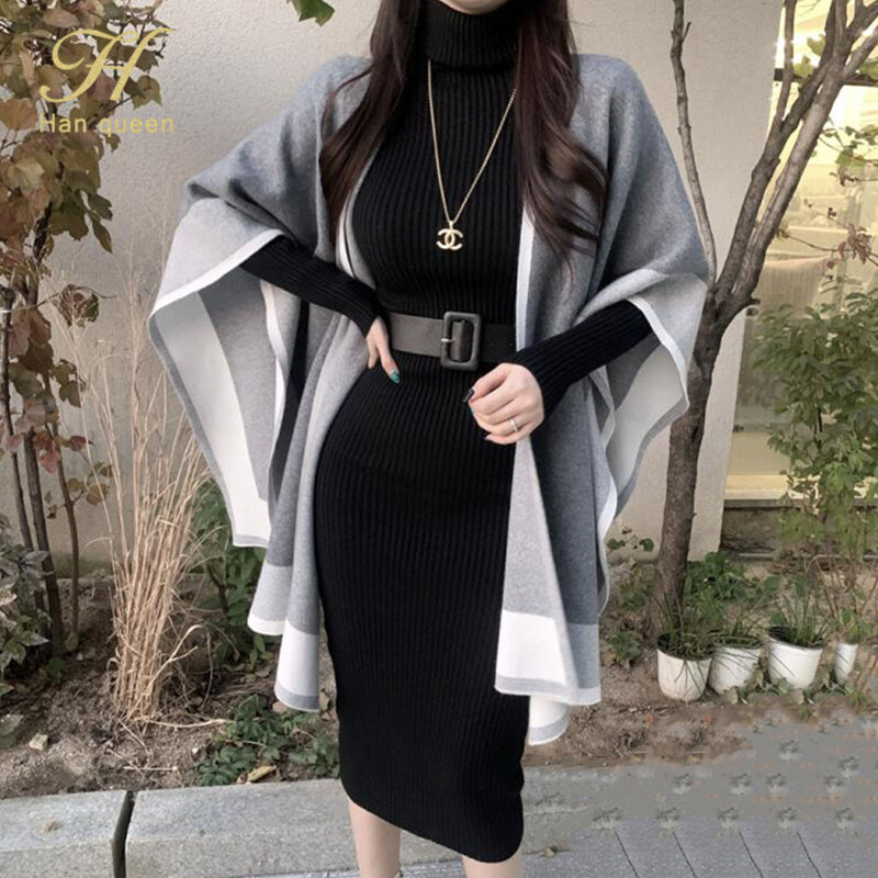 H Han Queen-vestido ajustado de punto para mujer, suéter de cuello alto elástico suave, vestidos de fiesta Midi con cinturón, Otoño e Invierno