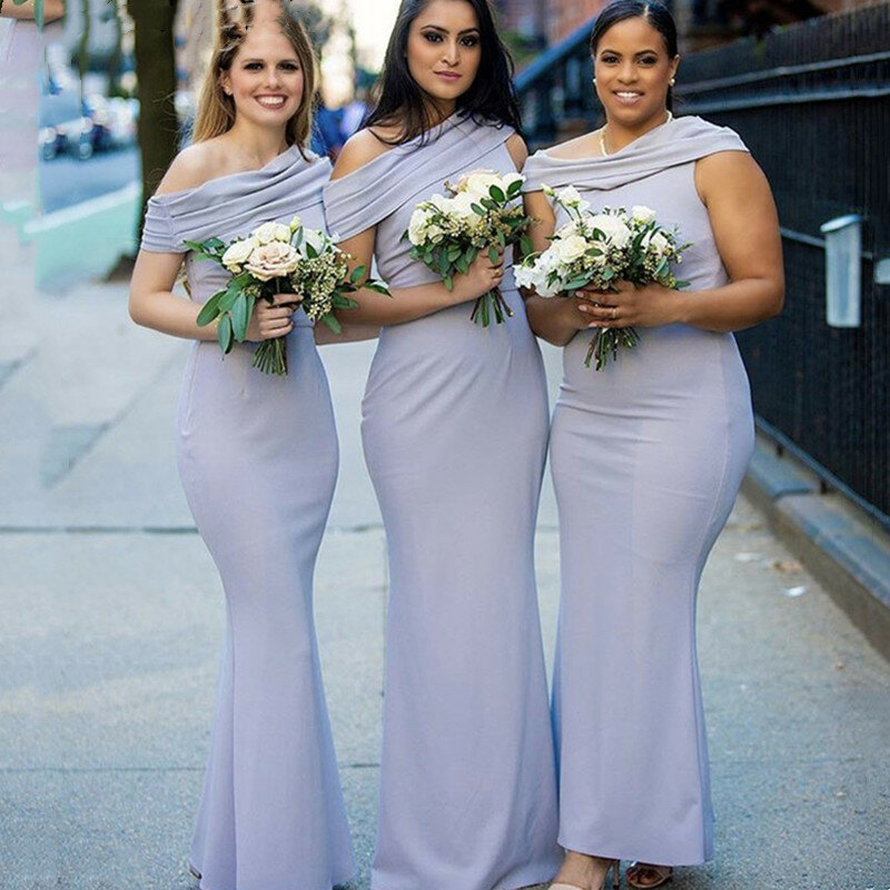 2021 дешевые платья для подружек невесты на одно плечо длина в пол на молнии сзади со шлейфом сатиновая юбка-годе для свадебной вечеринки