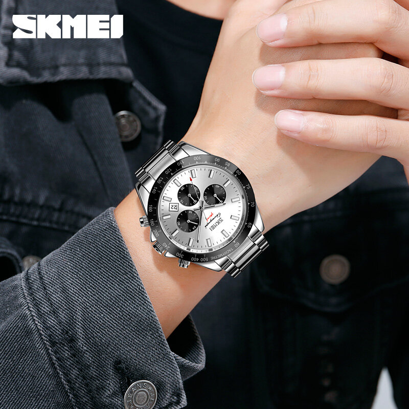 สแตนเลสสตีลควอตซ์นาฬิกา SKMEI ผู้ชายนาฬิกาแฟชั่นหรูหรานาฬิกานาฬิกาจับเวลาปฏิทินนาฬิกา Reloj Hombre นาฬิกาข้อมือ