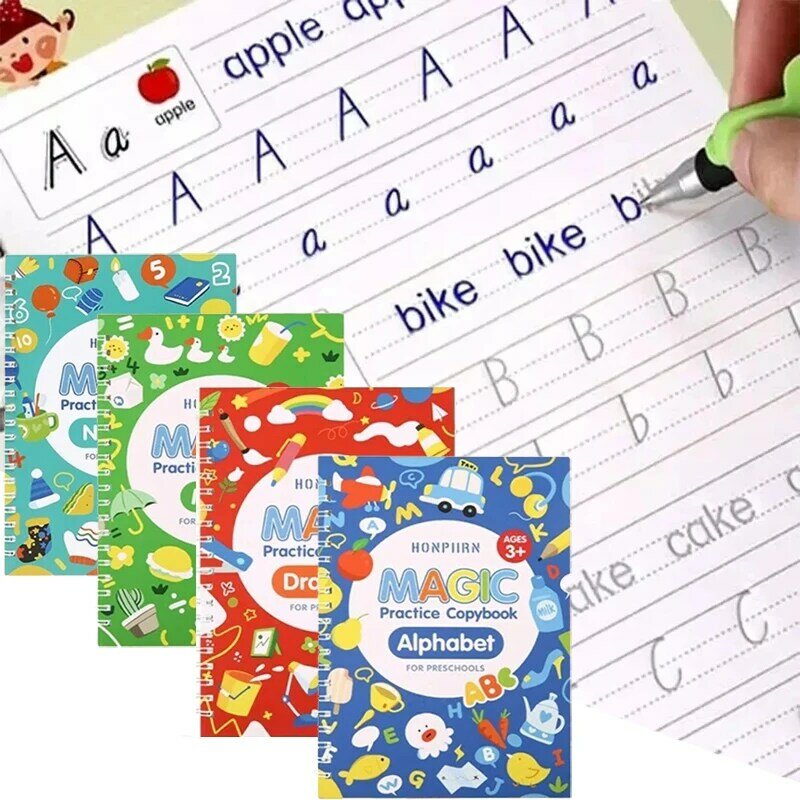 4 Books/Sets of Children's School Copybook 3D Calligraphy Reusable Handwriting Practice Learn Writing English Magic Stationery