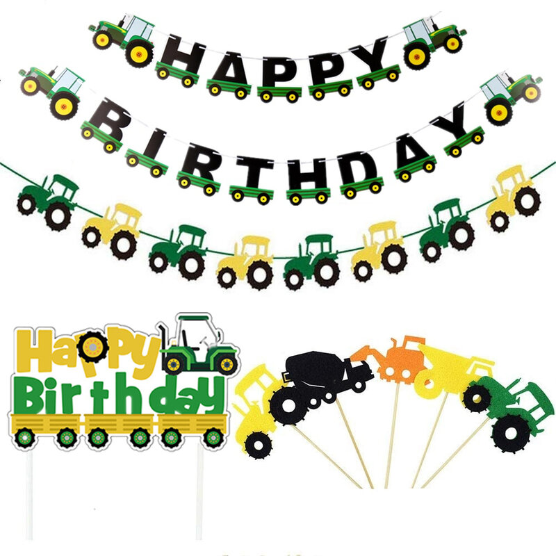 รถแทรกเตอร์ฟาร์มสีเขียว Theme Party ตกแต่ง Excavator รถ Happy Birthday Banner Garland Cupcake Topper 1st 2 Party ตกแต่ง