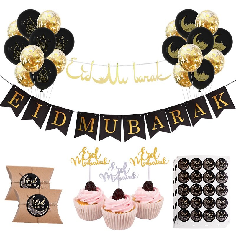 Cartel y globos para celebrar el Eid Mubarak, Decoración de Ramadán Kareem, fiestas islámicas, musulmanas