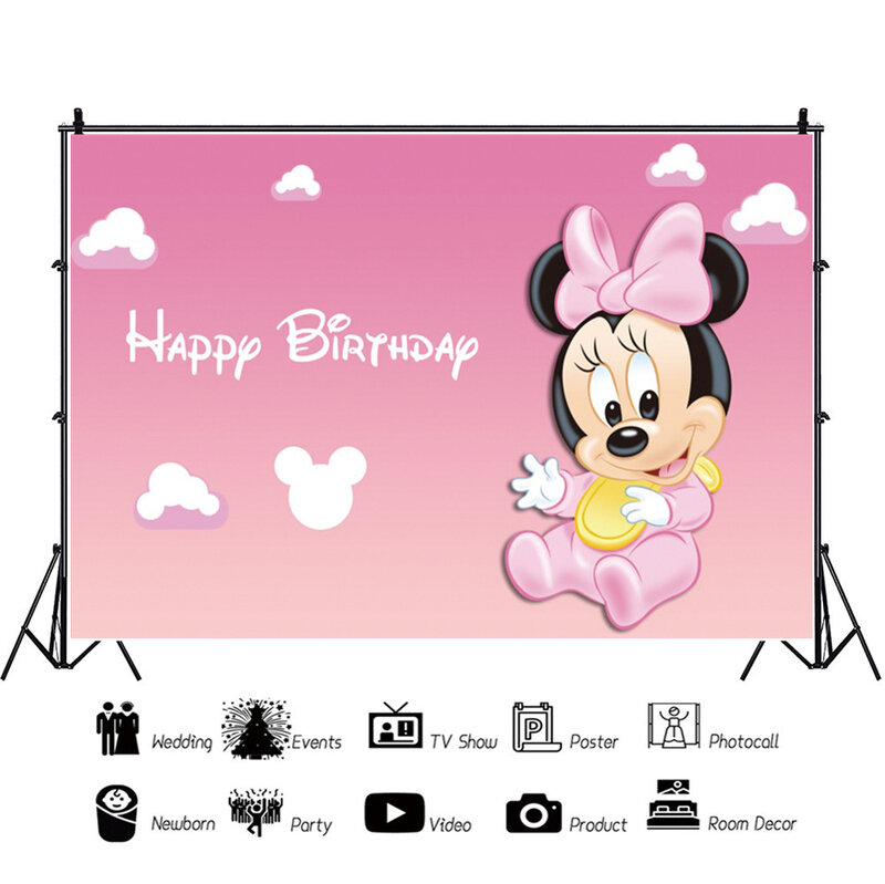 Disney-Fondo de fotografía de Minnie Mouse para niños, decoración rosa para fiesta de primer cumpleaños, suministros para Baby Shower